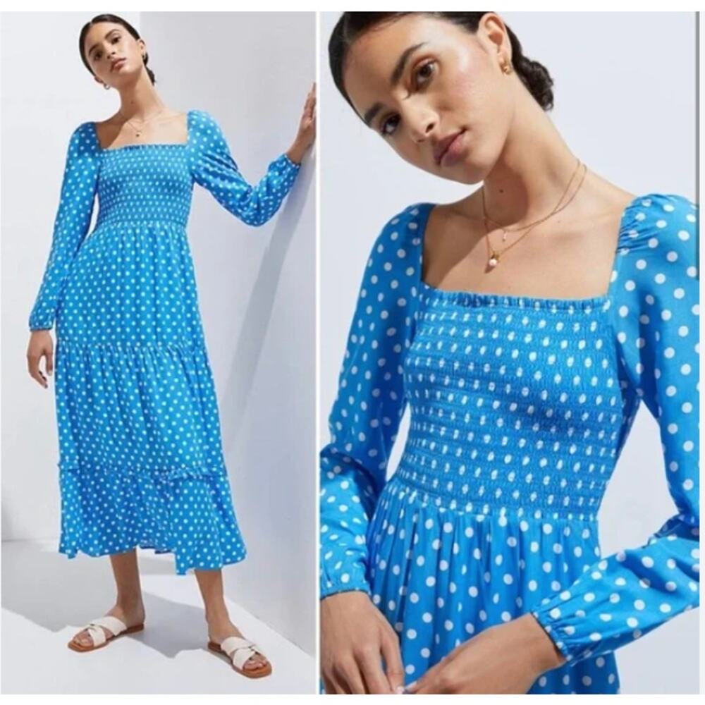 Anthropologie Dolan Blue Polka Dot Smocked Tiered Laney Maxi Dress Size S